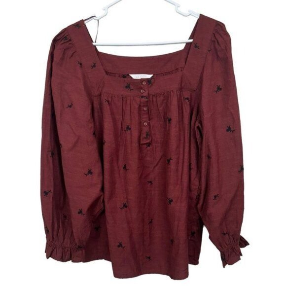 Lauren Conrad Women SZ M Square Neck Embroidered Long Sleeve Blouse Maroon - Picture 2 of 14